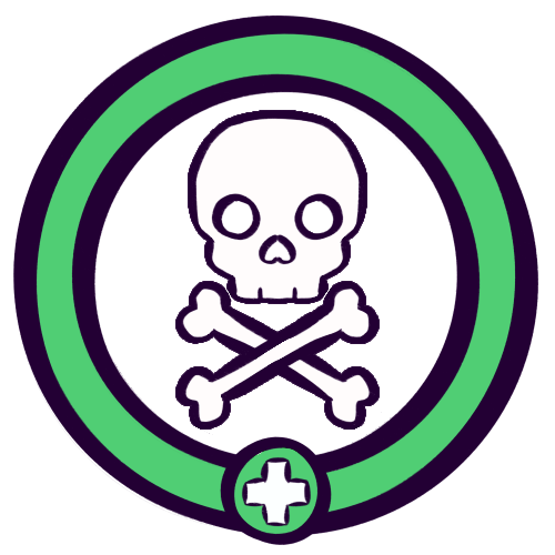  A drawing of a cartoony skull and crossbones, colored white, surrounded by a green ring. At the bottom of the ring is a small green circle with a white plus sign inside - a symbol for first aid.